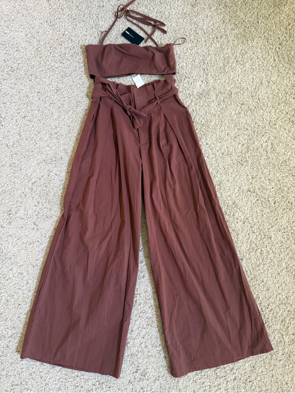 High-Waist Wide Leg Pants with Tie Belt - brown